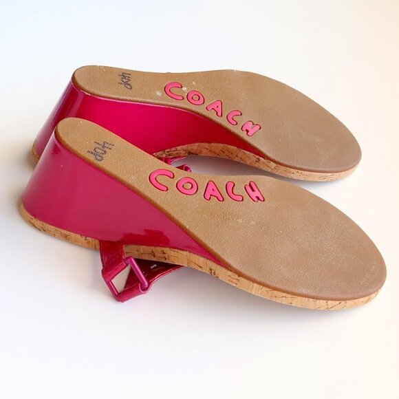 Coach Brookk Fuchsia Pink Patent Leather Thong Slip On Wedge Heel Mule Sandals - Picture 14 of 16